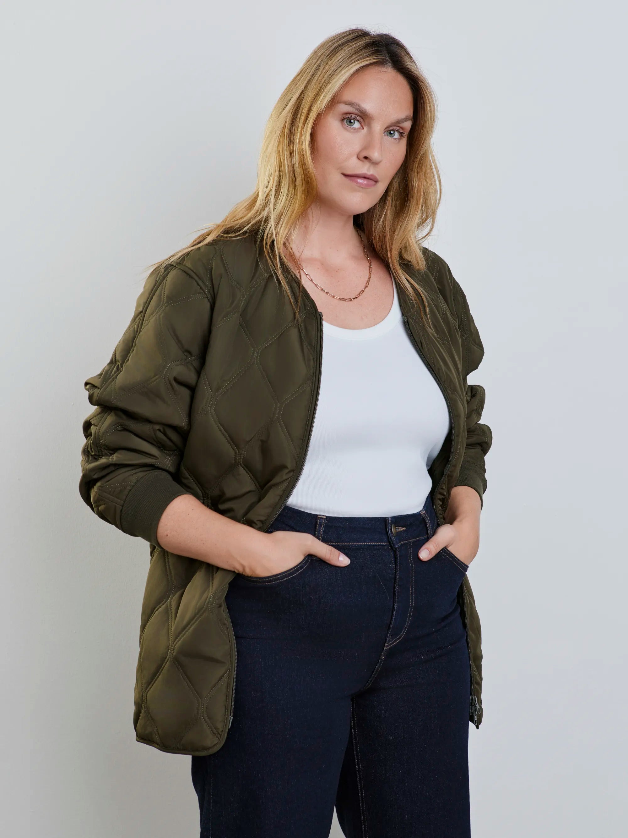 Plus size khaki quilted bomber jacket