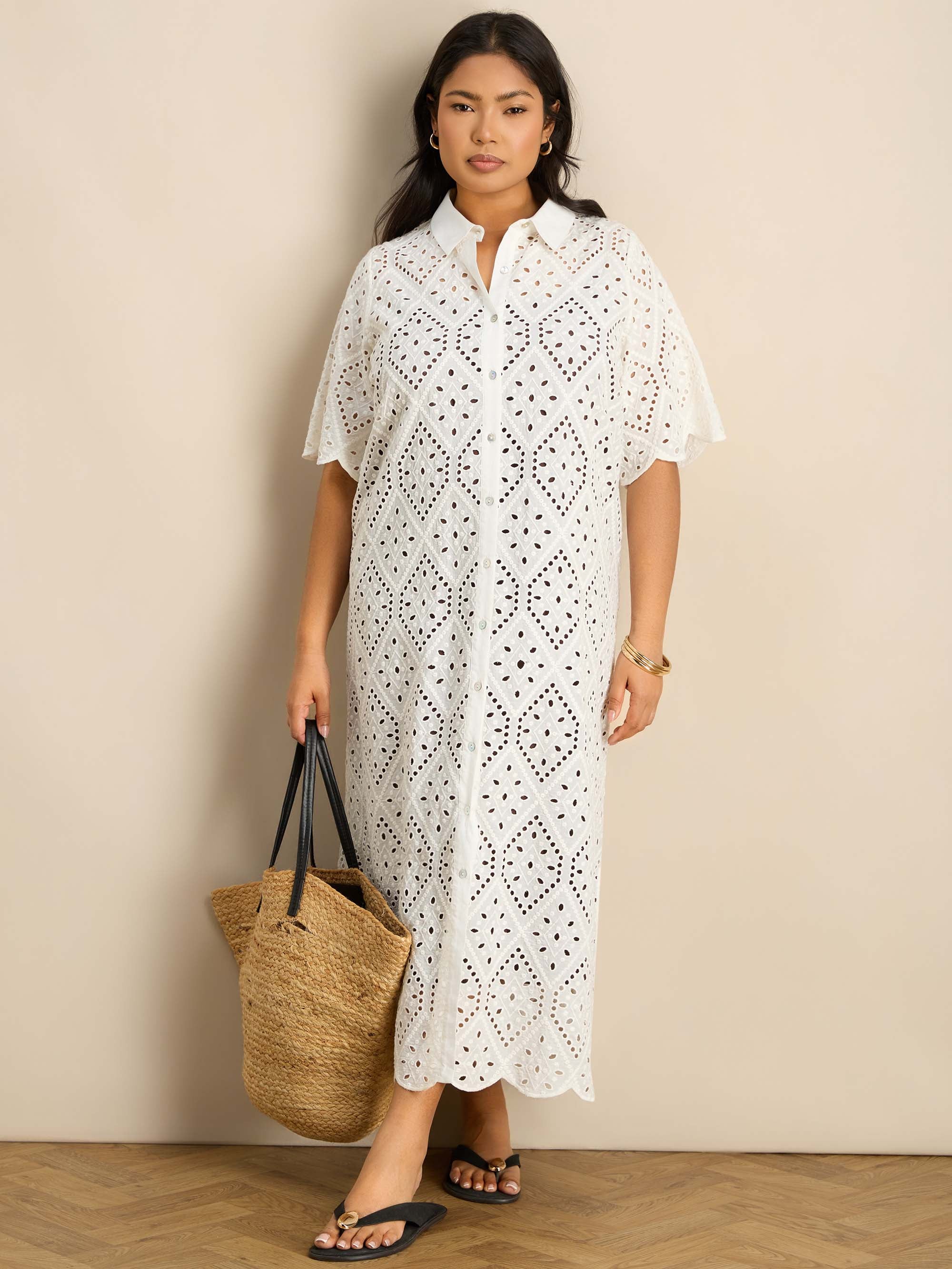 Curve white, cotton broderie midi cover-up with a relaxed fit, collared neckline and scalloped hem finish