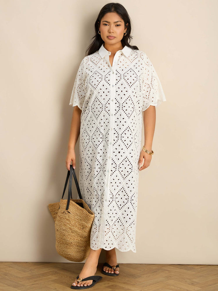 Curve white, cotton broderie midi cover-up with a relaxed fit, collared neckline and scalloped hem finish