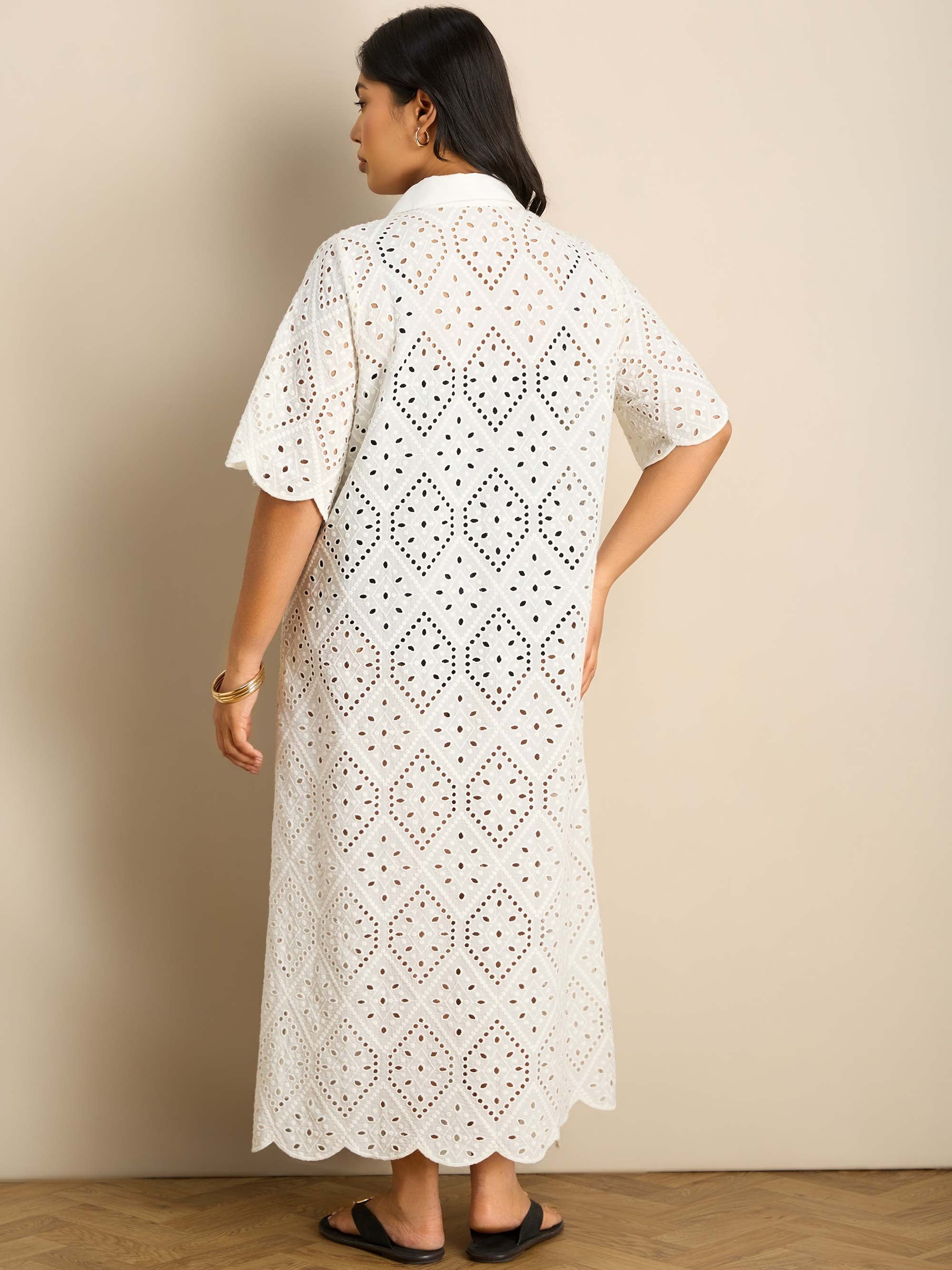 Curve white broderie midi cover-up with a relaxed fit, collared neckline and scalloped hem finish
