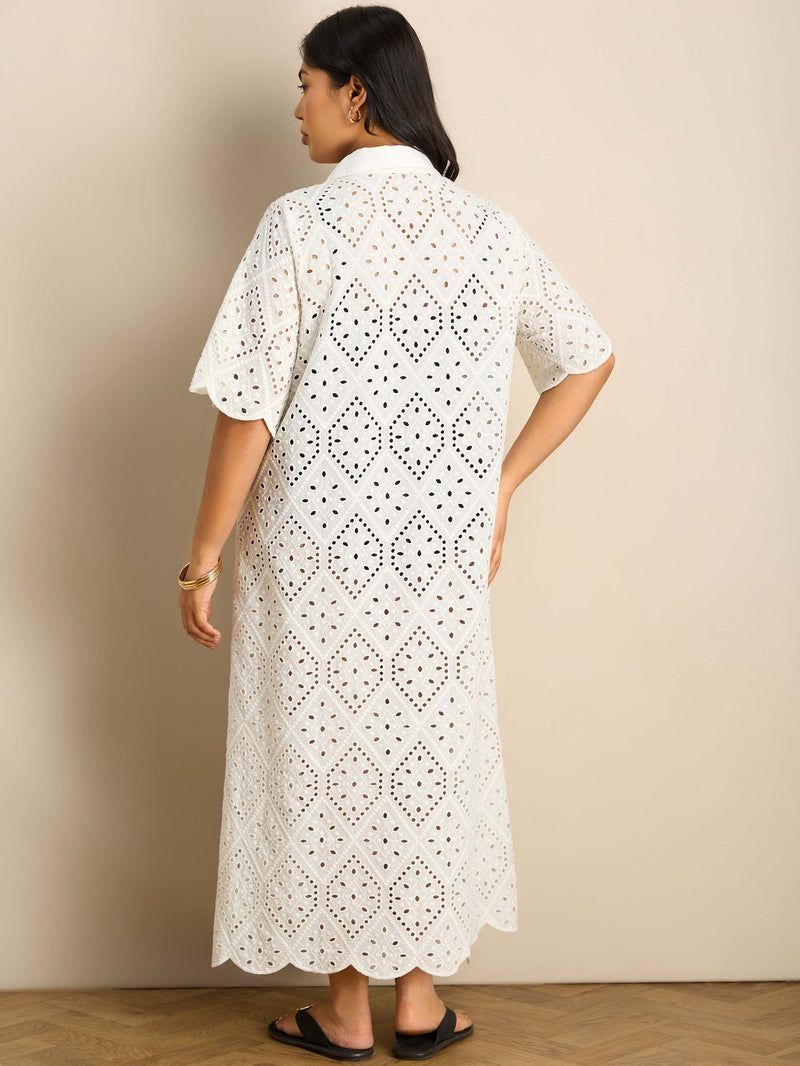 Curve white broderie midi cover-up with a relaxed fit, collared neckline and scalloped hem finish