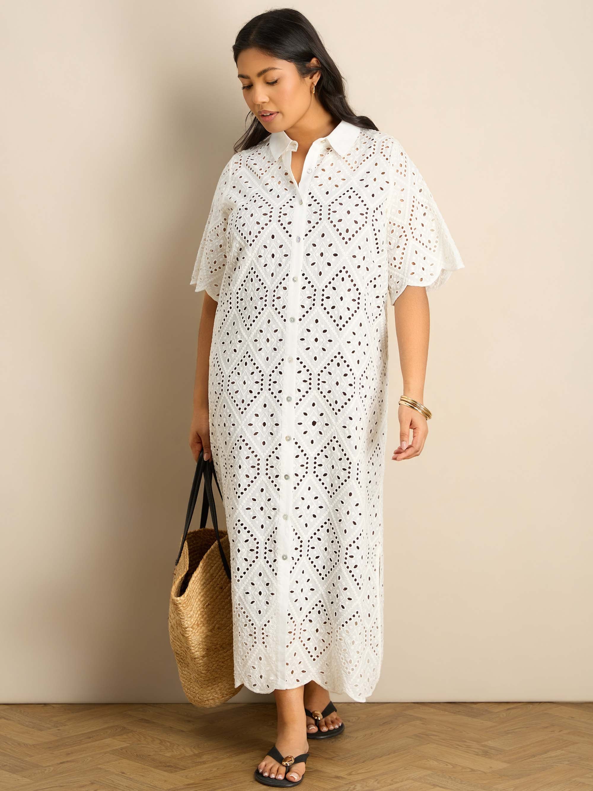 Curve white broderie midi cover-up with a relaxed fit, collared neckline and scalloped hem finish