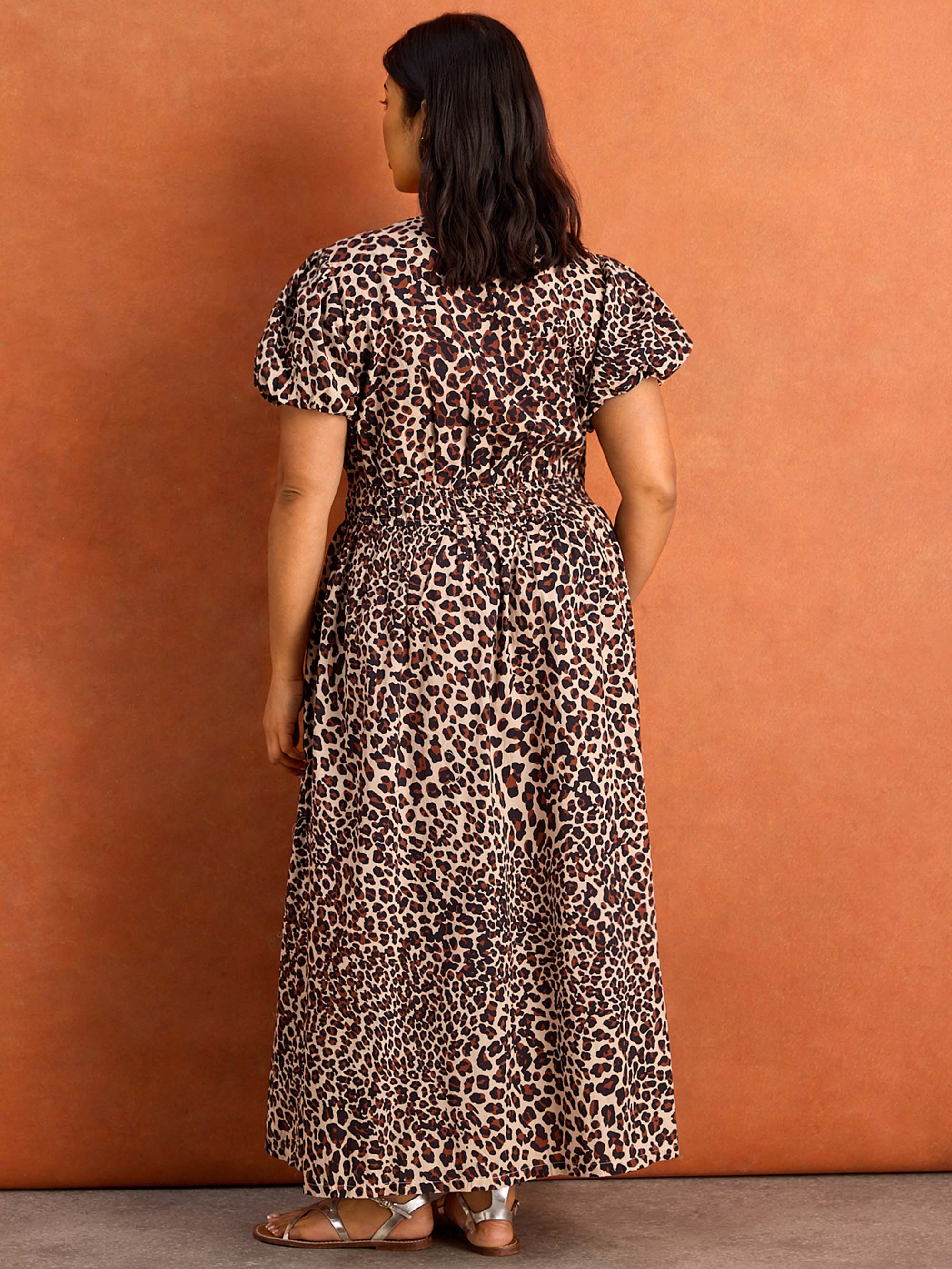 Brown Animal Print Smocked Waist Midaxi Dress