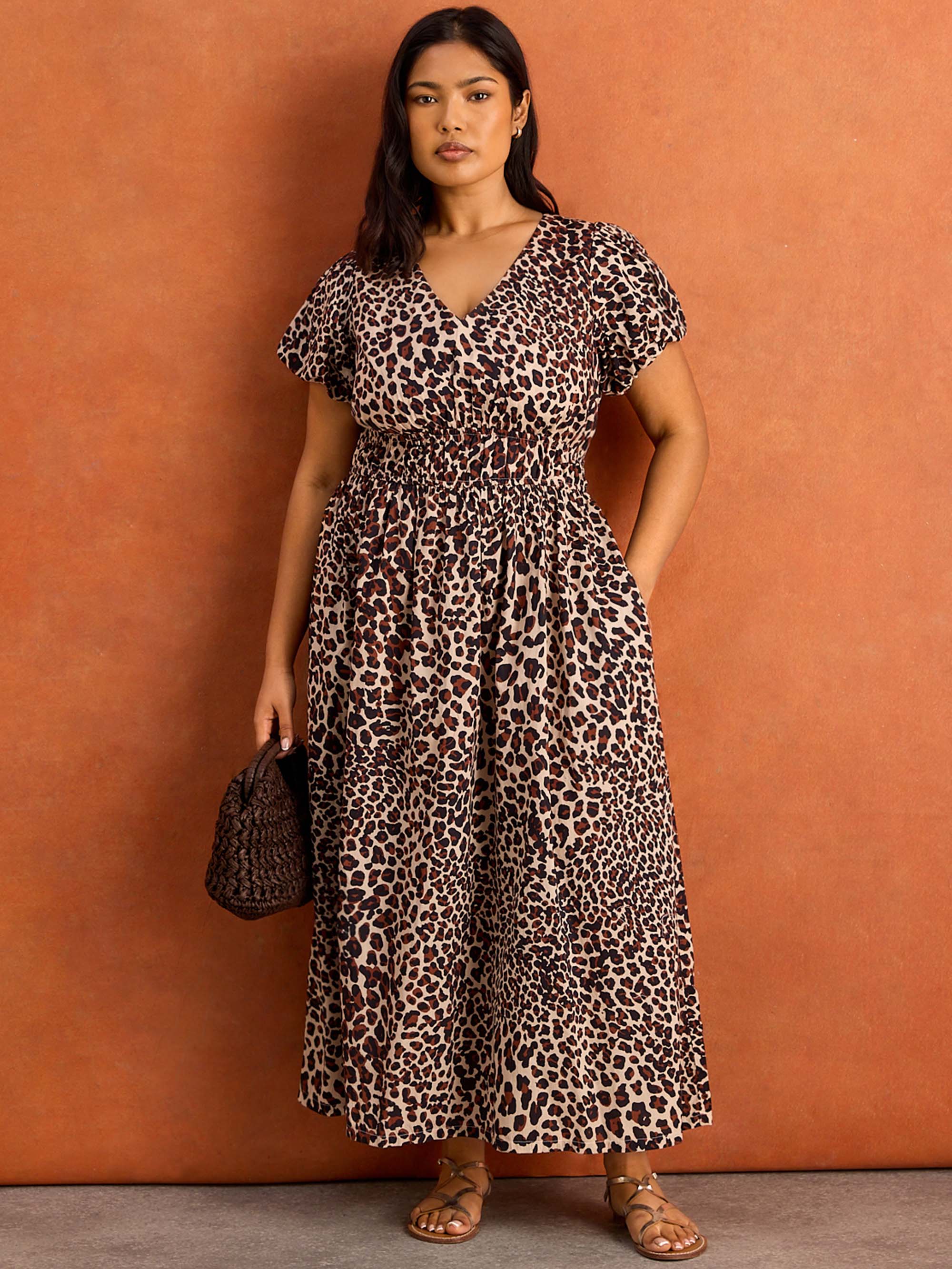 Brown Animal Print Smocked Waist Midaxi Dress