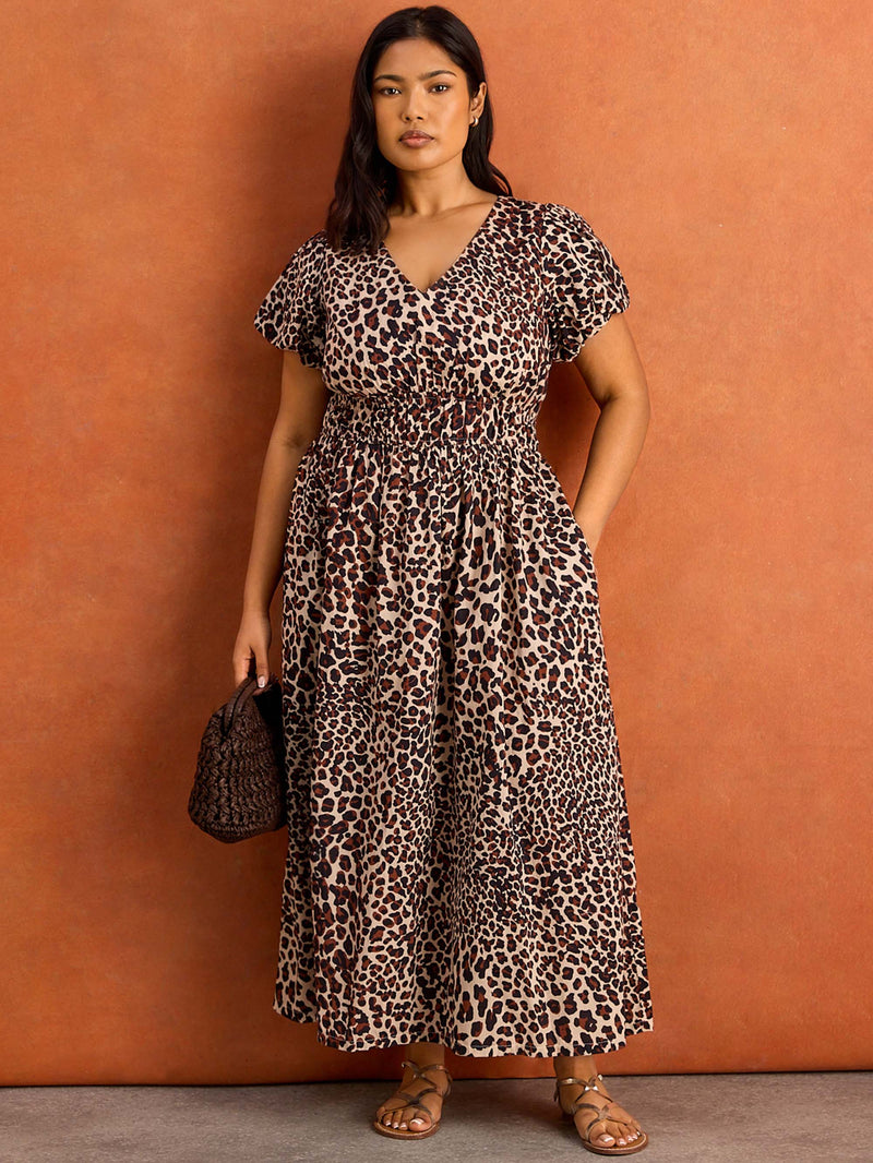 Brown Animal Print Smocked Waist Midaxi Dress