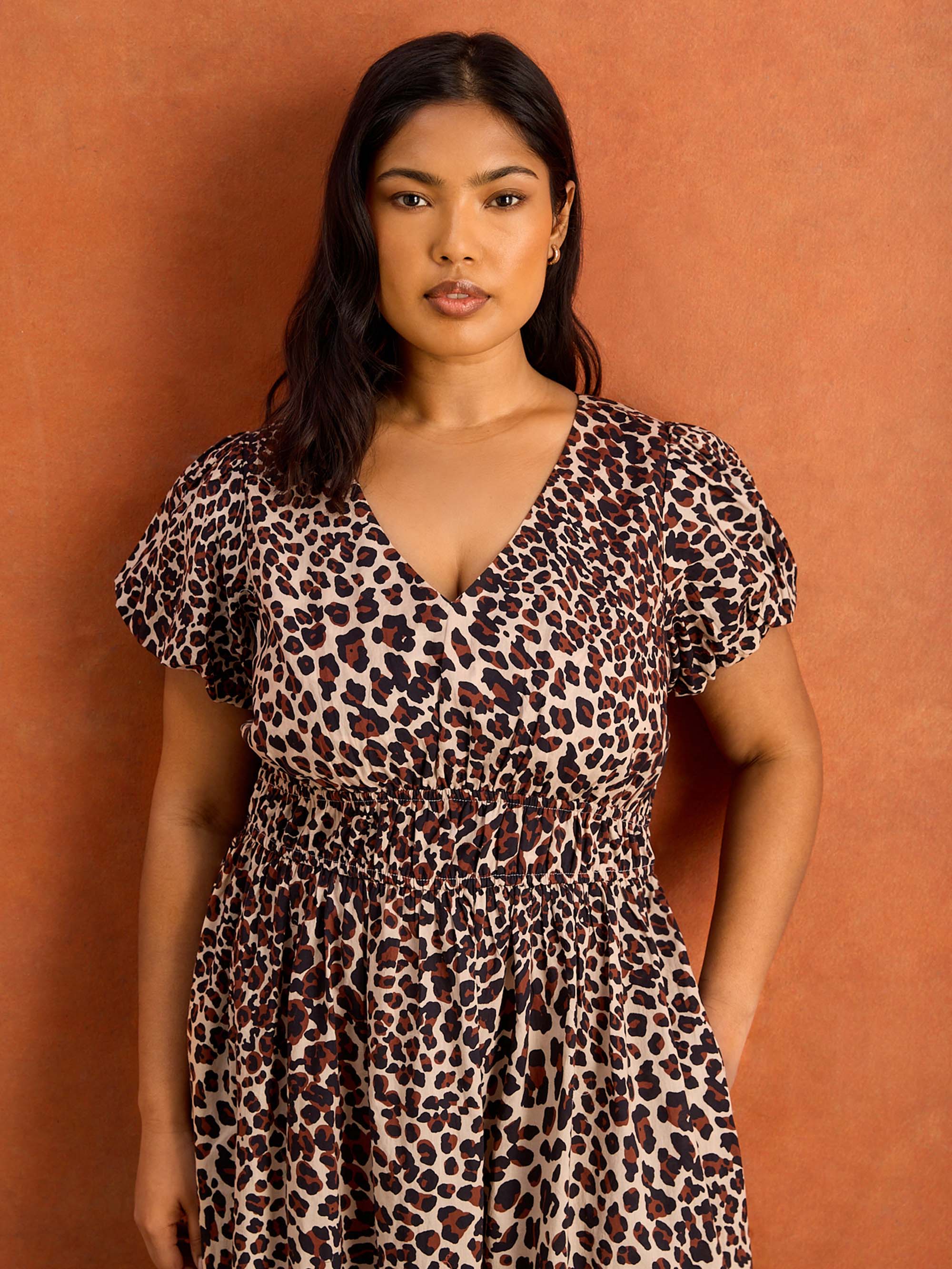 Brown Animal Print Smocked Waist Midaxi Dress