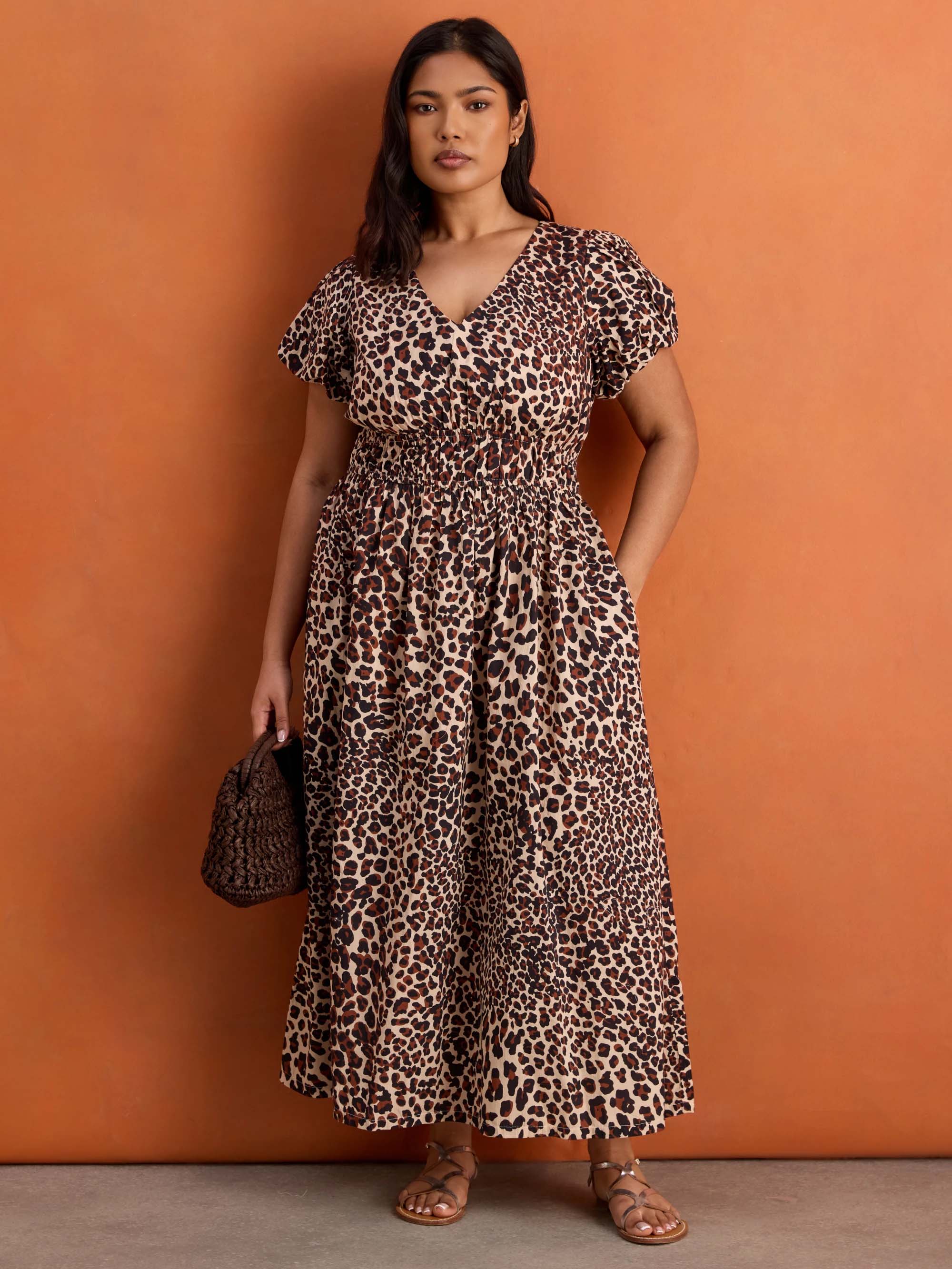 Brown Animal Print Smocked Waist Midaxi Dress