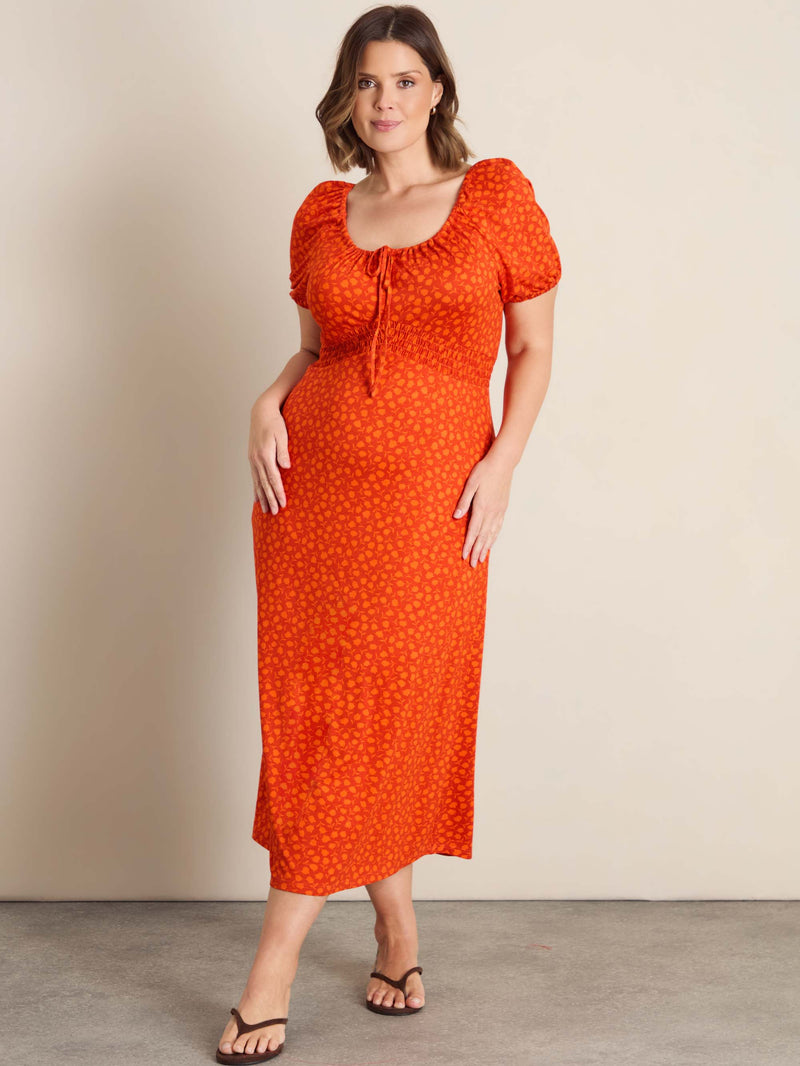 Orange Floral Print Gathered Neck Midaxi Dress