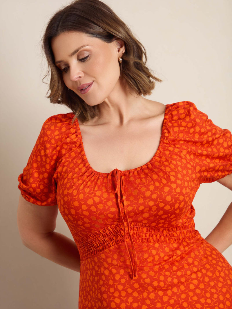 Orange Floral Print Gathered Neck Midaxi Dress