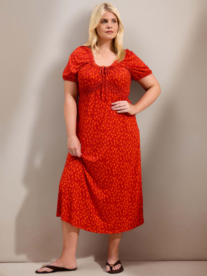 Orange Floral Print Gathered Neck Midaxi Dress