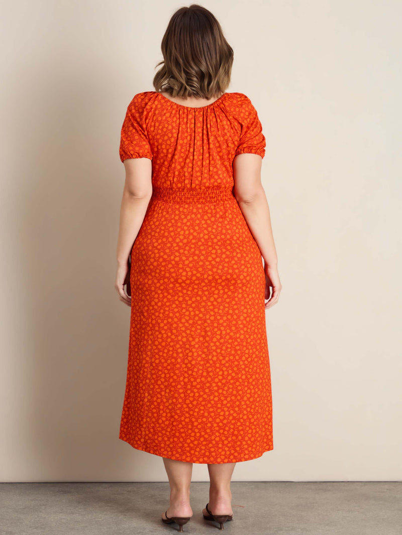 Orange Floral Print Gathered Neck Midaxi Dress