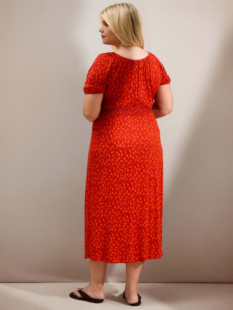 Orange Floral Print Gathered Neck Midaxi Dress