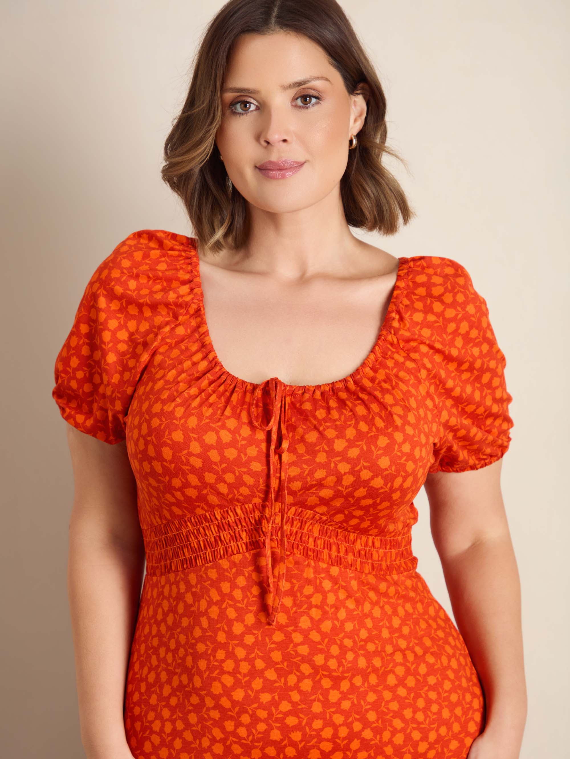 Orange Floral Print Gathered Neck Midaxi Dress