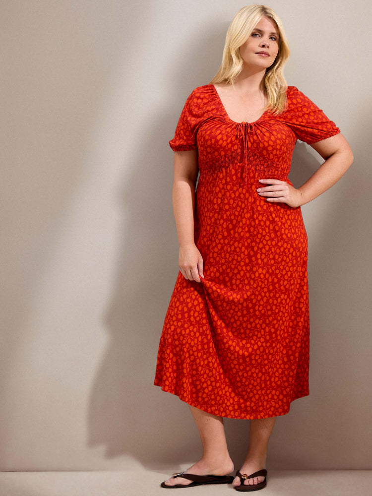 Orange Floral Print Gathered Neck Midaxi Dress