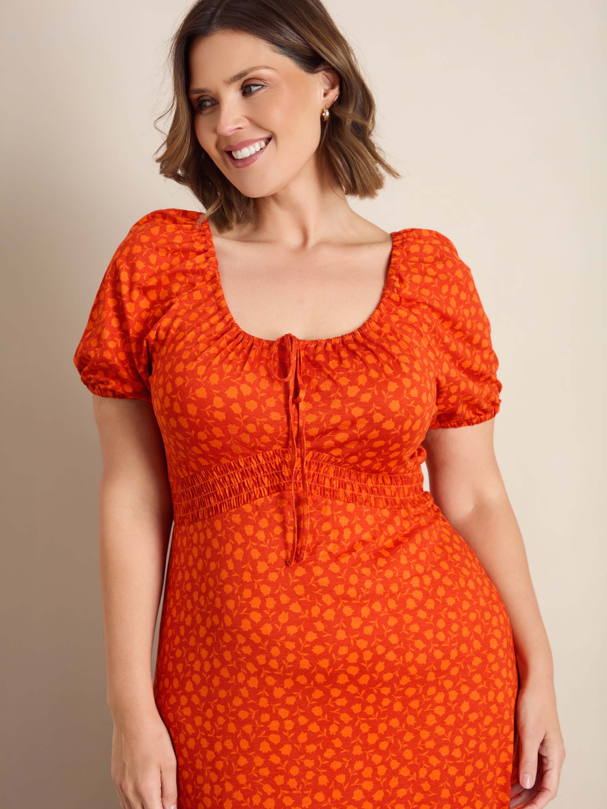 Orange Floral Print Gathered Neck Midaxi Dress