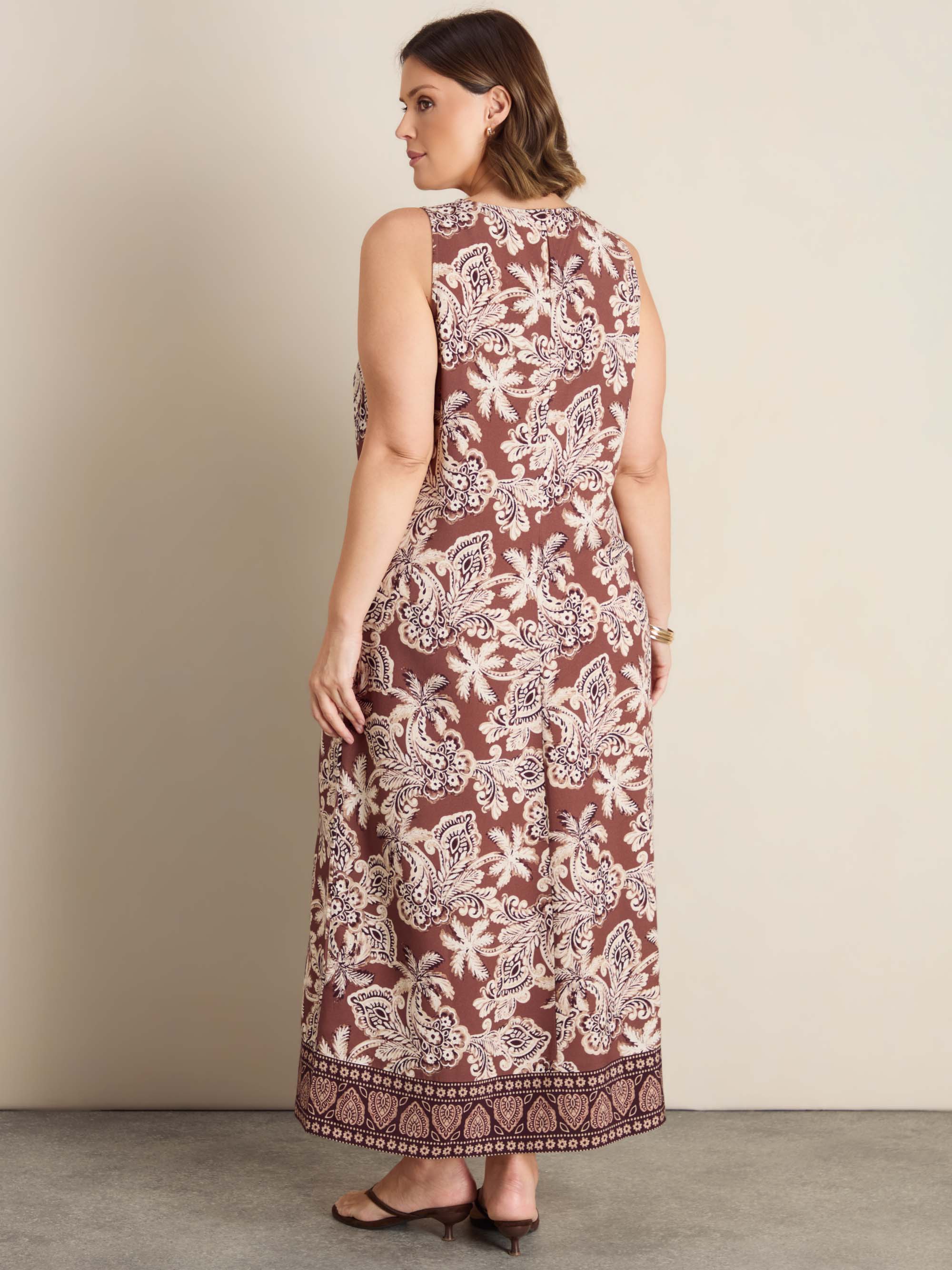 Brown Floral Print Sleeveless Maxi Dress