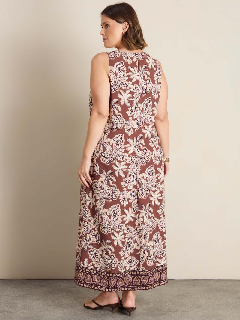 Brown Floral Print Sleeveless Maxi Dress