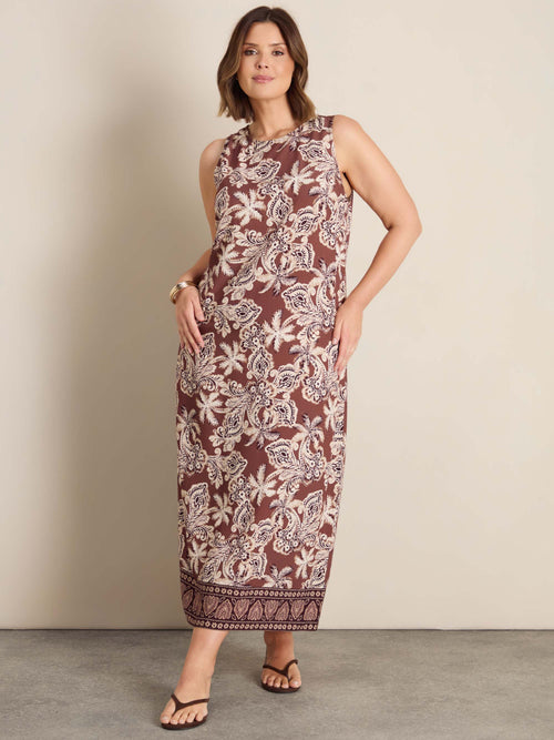 Brown Floral Print Sleeveless Maxi Dress