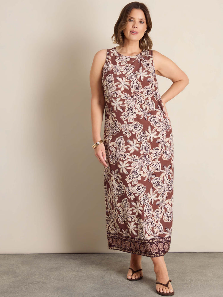 Brown Floral Print Sleeveless Maxi Dress