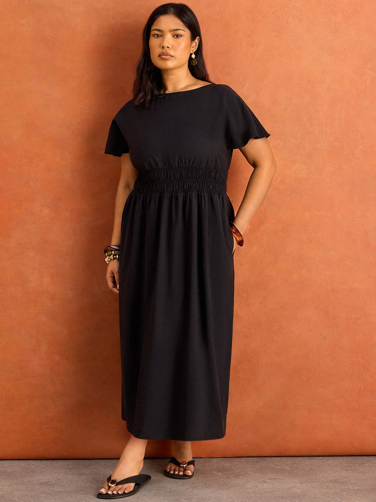 Black Shirred Waist Short Sleeve Midaxi Dress Plus Size Curve