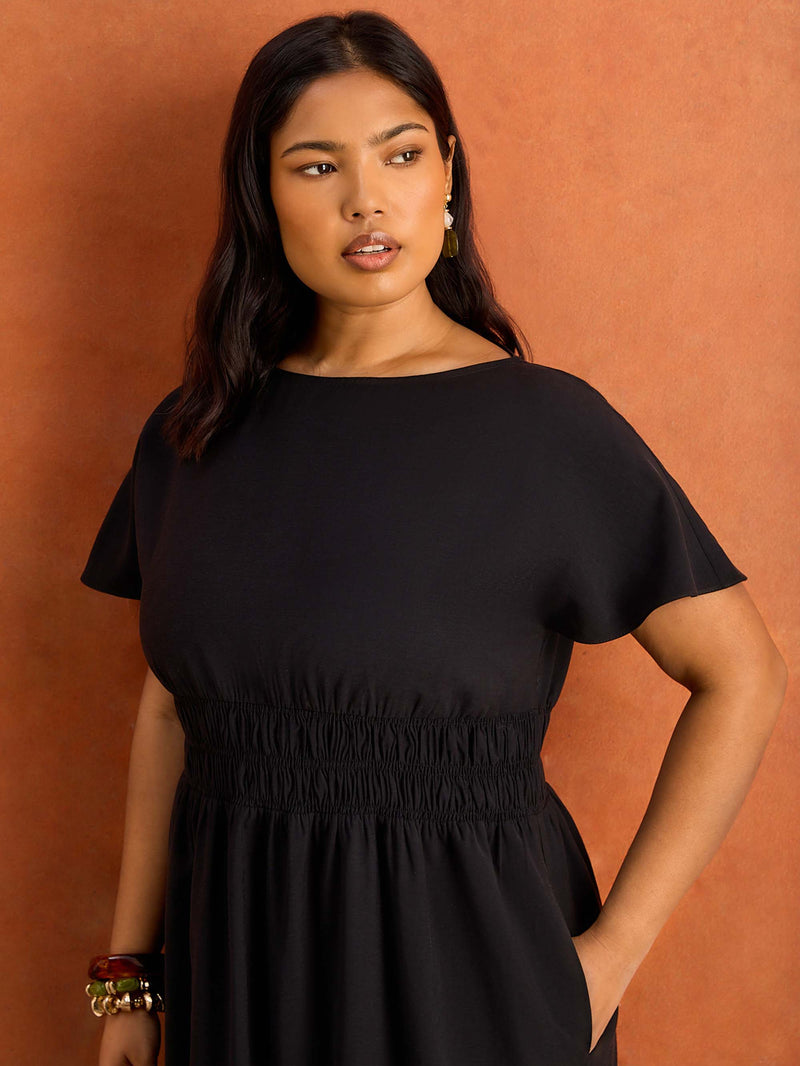 Black Shirred Waist Short Sleeve Midaxi Dress Plus Size Curve