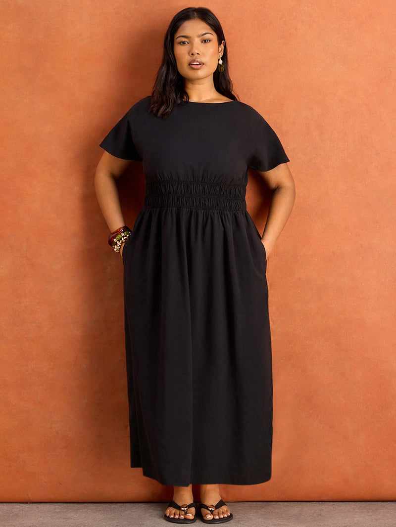 Black Shirred Waist Short Sleeve Midaxi Dress Plus Size Curve