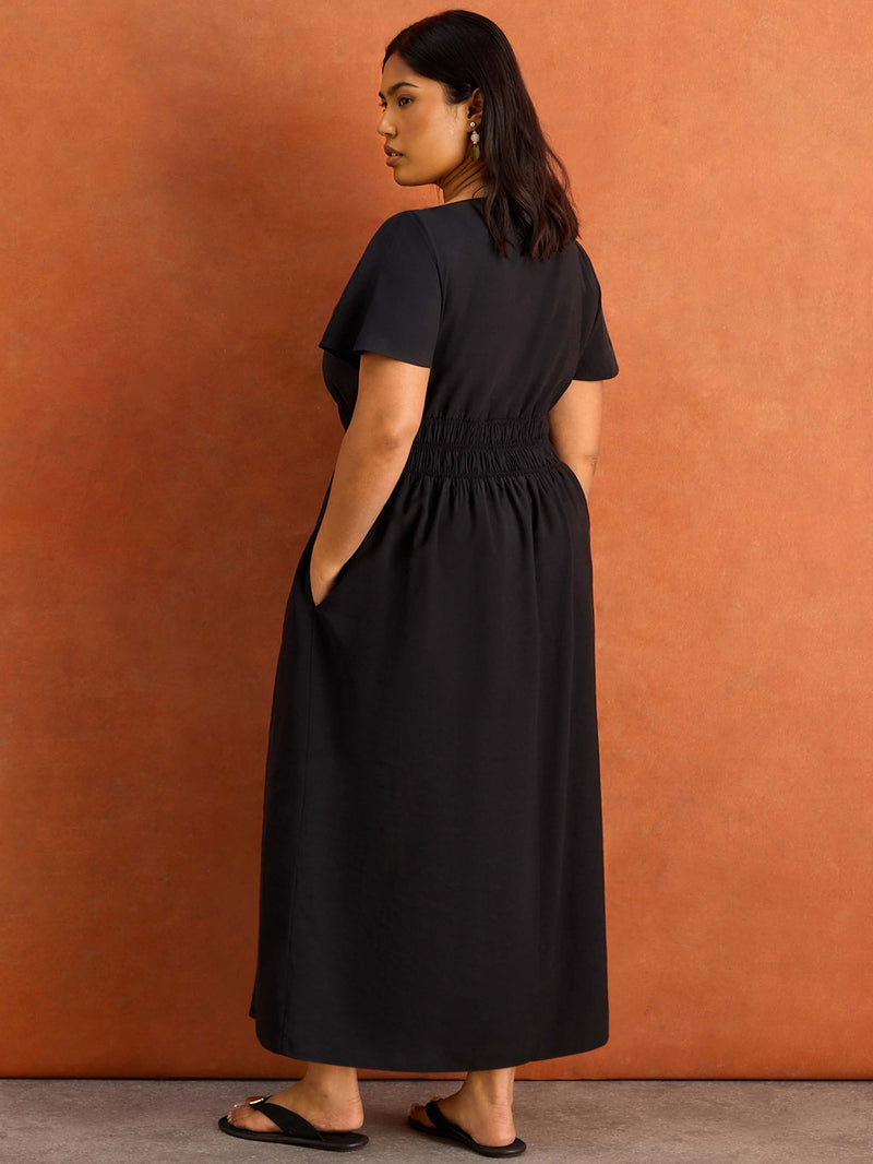 Black Shirred Waist Short Sleeve Midaxi Dress Plus Size Curve