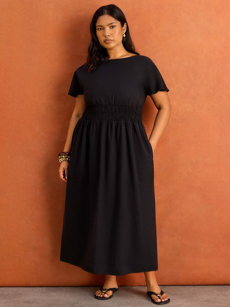 Black Shirred Waist Short Sleeve Midaxi Dress Plus Size Curve