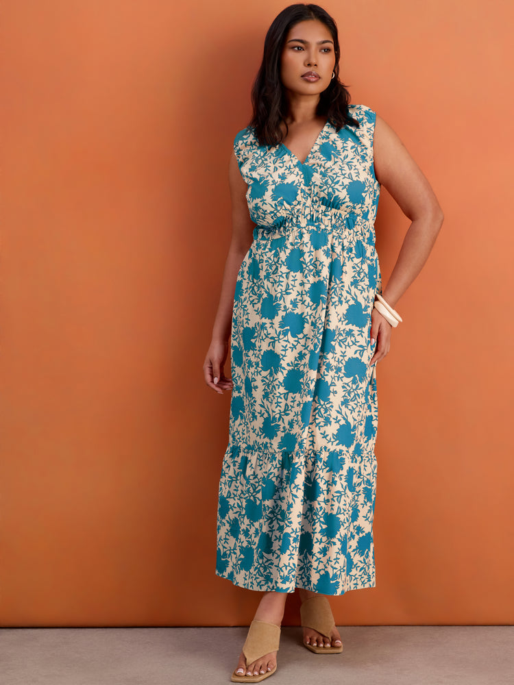 Blue Floral Print Cotton V Neck Ruched Maxi Dress Plus Size Curve Brand