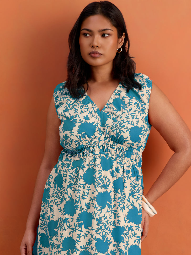 Blue Floral Print Cotton V Neck Ruched Maxi Dress Plus Size Curve Brand