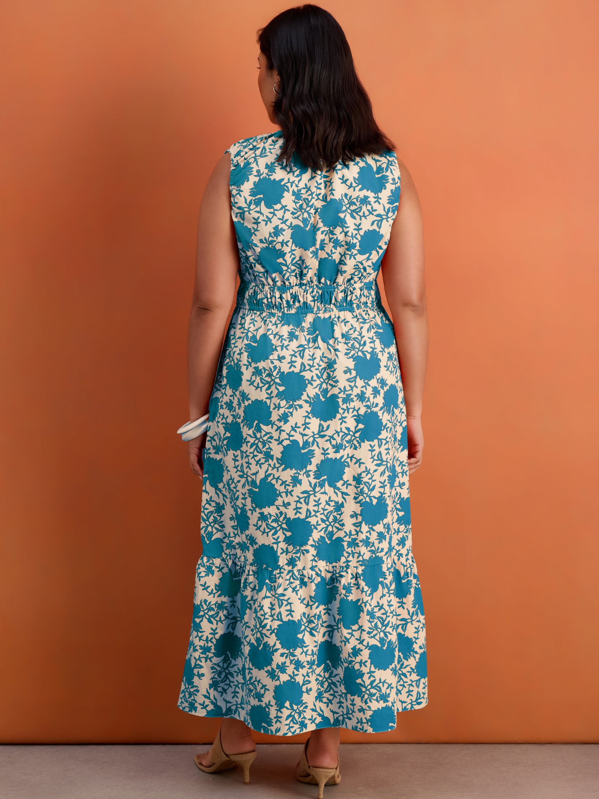 Blue Floral Print Cotton V Neck Ruched Maxi Dress Plus Size Curve Brand