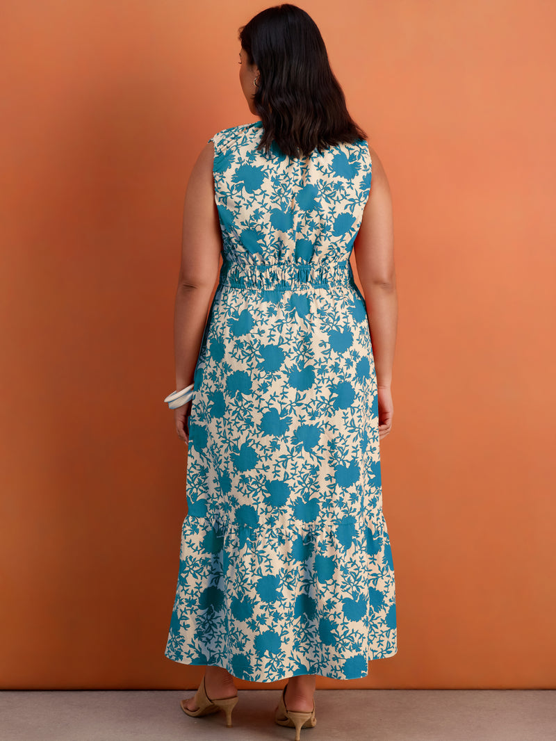 Blue Floral Print Cotton V Neck Ruched Maxi Dress Plus Size Curve Brand