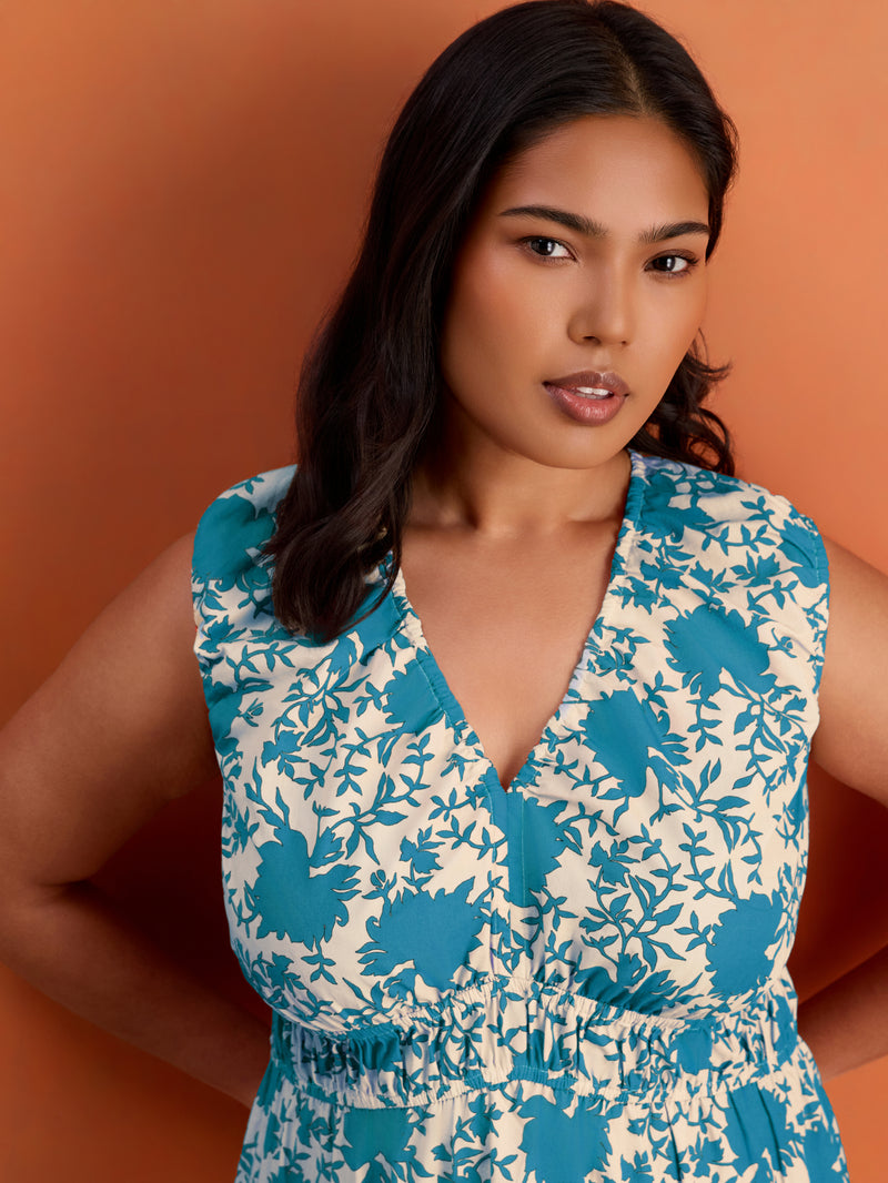 Blue Floral Print Cotton V Neck Ruched Maxi Dress Plus Size Curve Brand