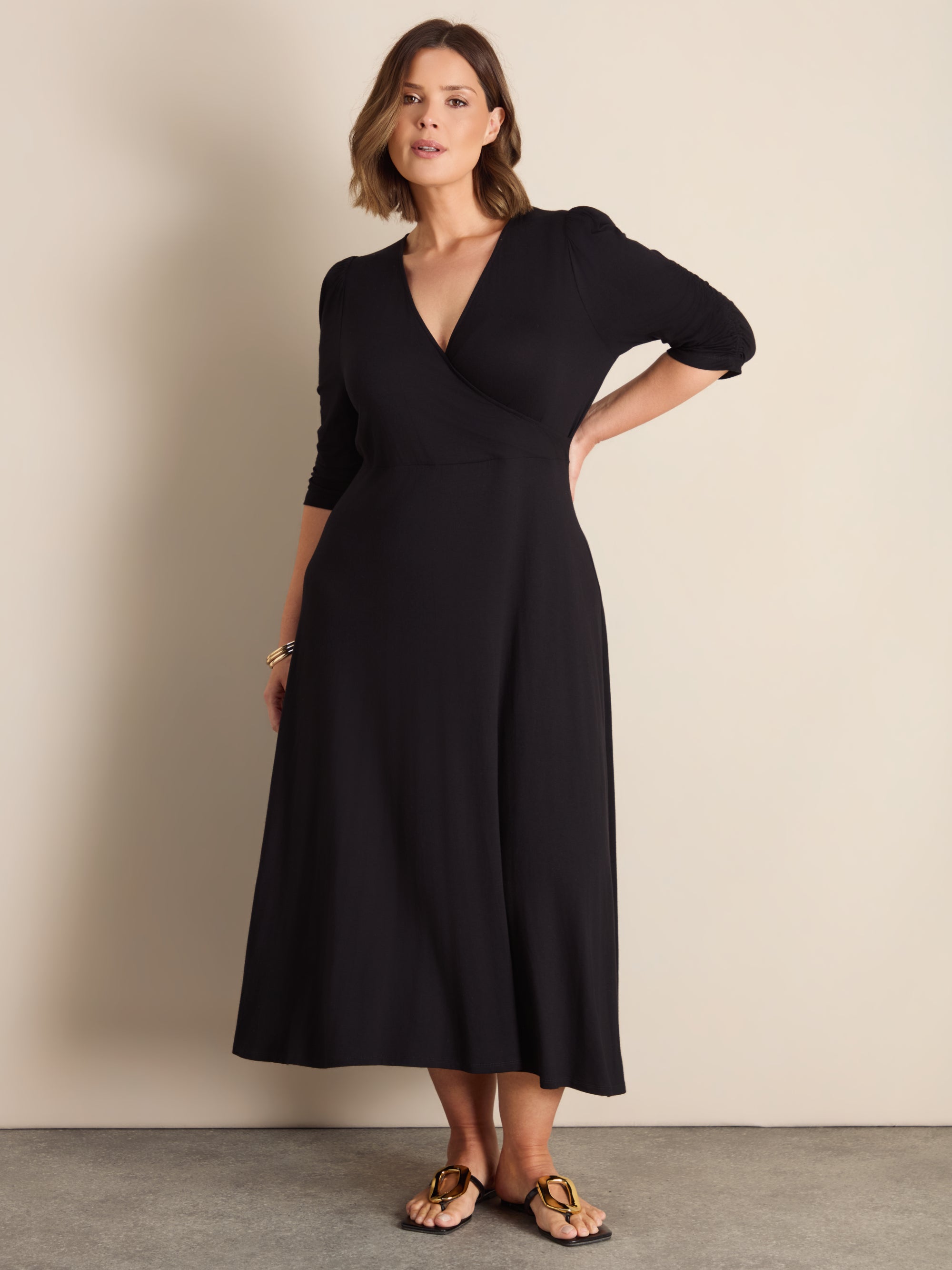Plus Size Black Jersey Wrap Dress with V-Neck and Swing Skirt