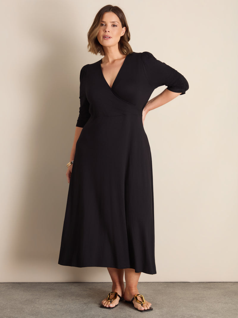 Plus Size Black Jersey Wrap Dress with V-Neck and Swing Skirt