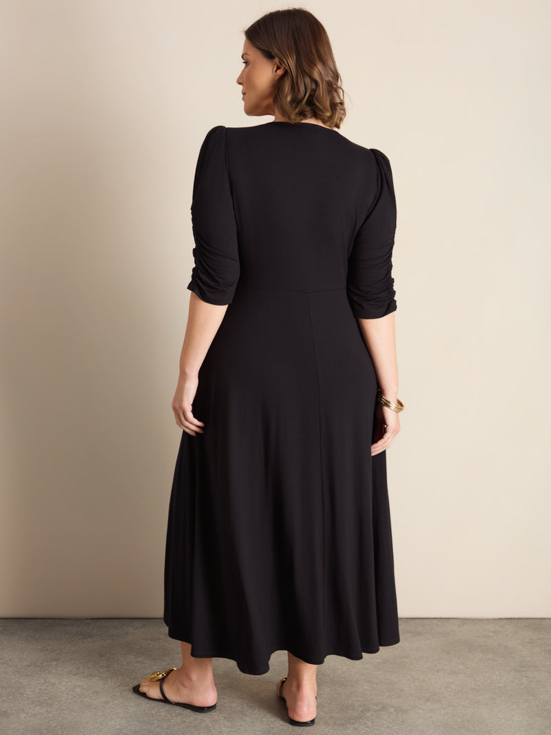 Plus Size Black Jersey Wrap Dress with V-Neck and Swing Skirt