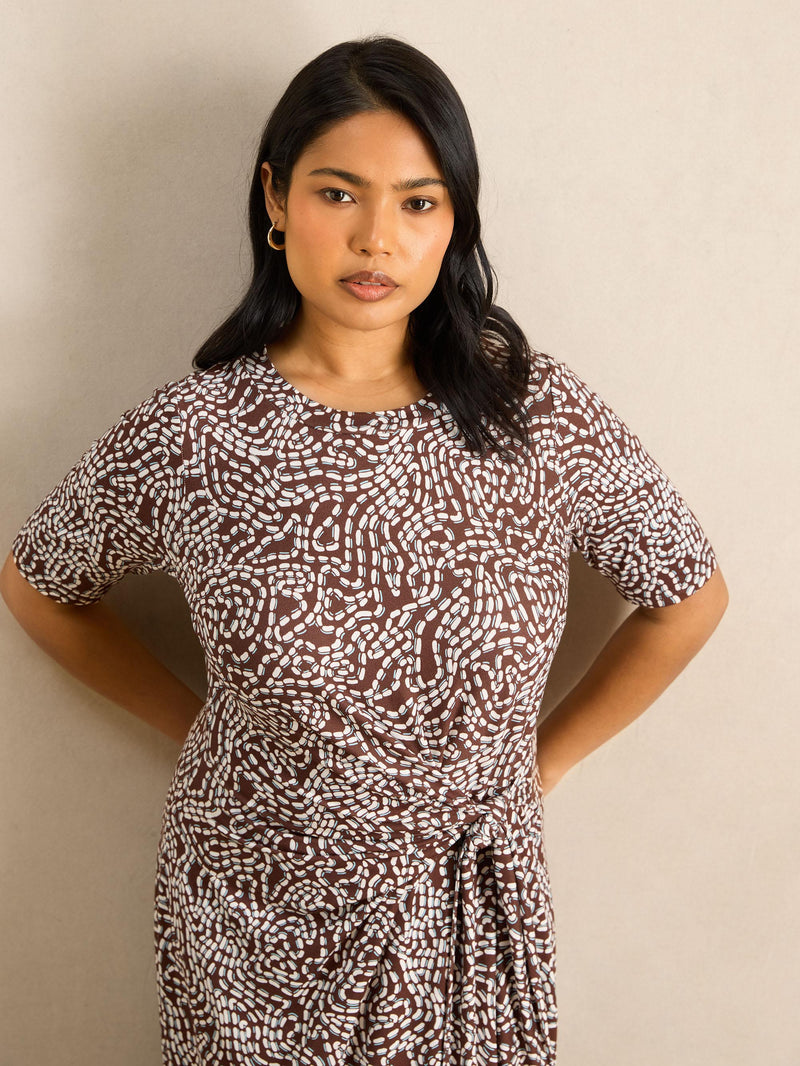 Brown Abstract Print Tie Side 3/4 Sleeve Jersey Midaxi Dress