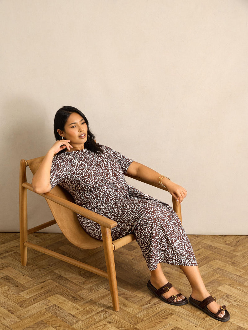 Brown Abstract Print Tie Side 3/4 Sleeve Jersey Midaxi Dress