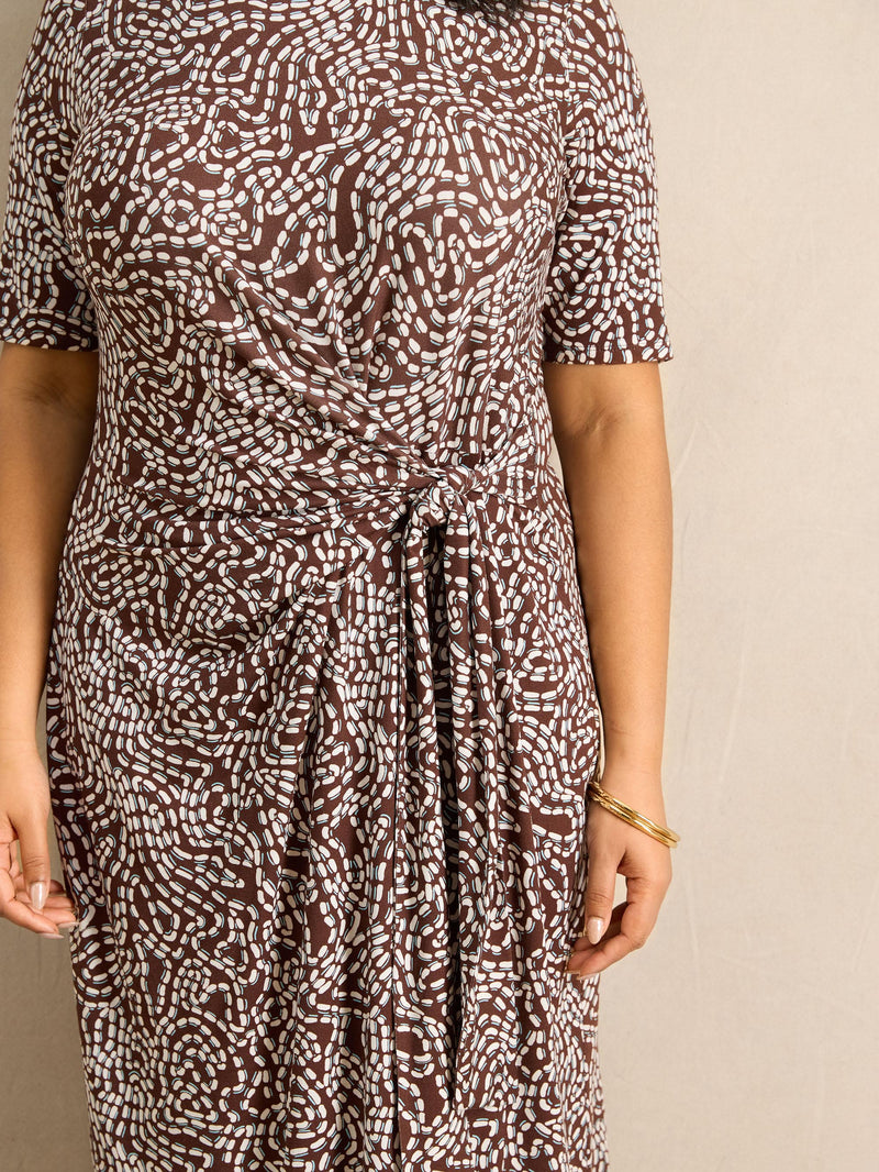 Brown Abstract Print Tie Side 3/4 Sleeve Jersey Midaxi Dress