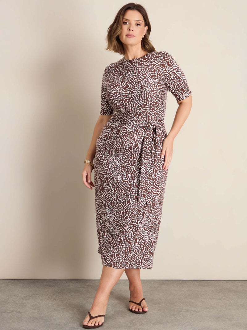 Brown Abstract Print Tie Side Jersey Midaxi Dress