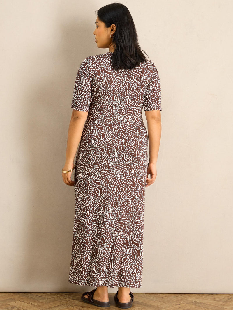 Brown Abstract Print Tie Side 3/4 Sleeve Jersey Midaxi Dress
