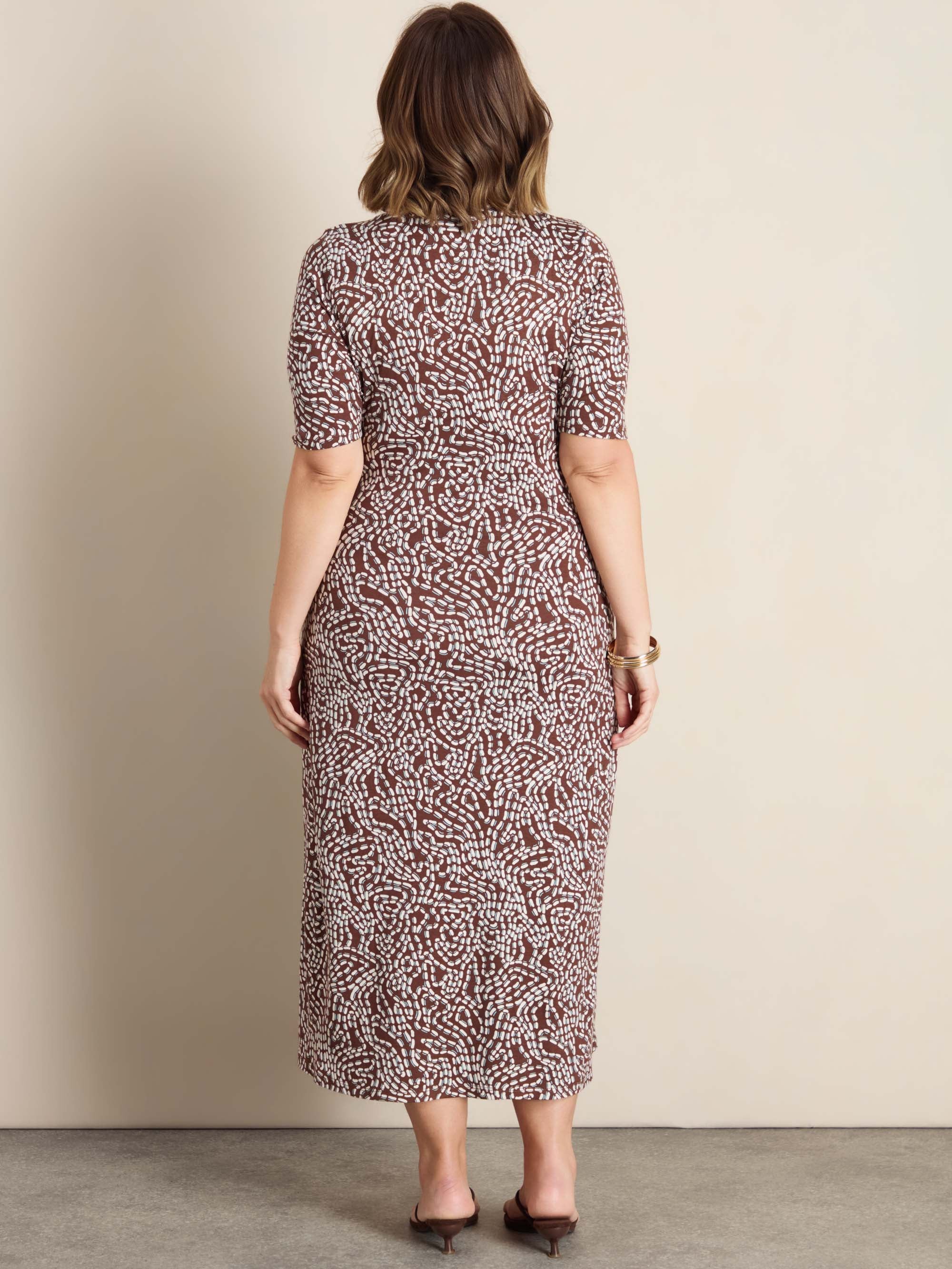 Brown Abstract Print Tie Side Jersey Midaxi Dress