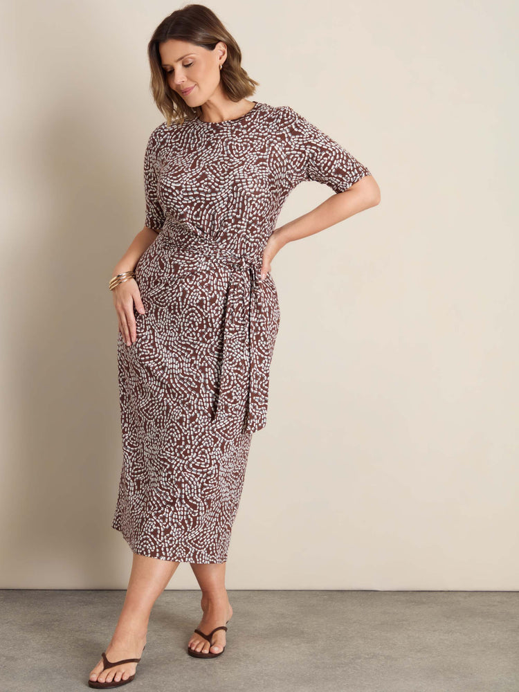 Brown Abstract Print Tie Side Jersey Midaxi Dress