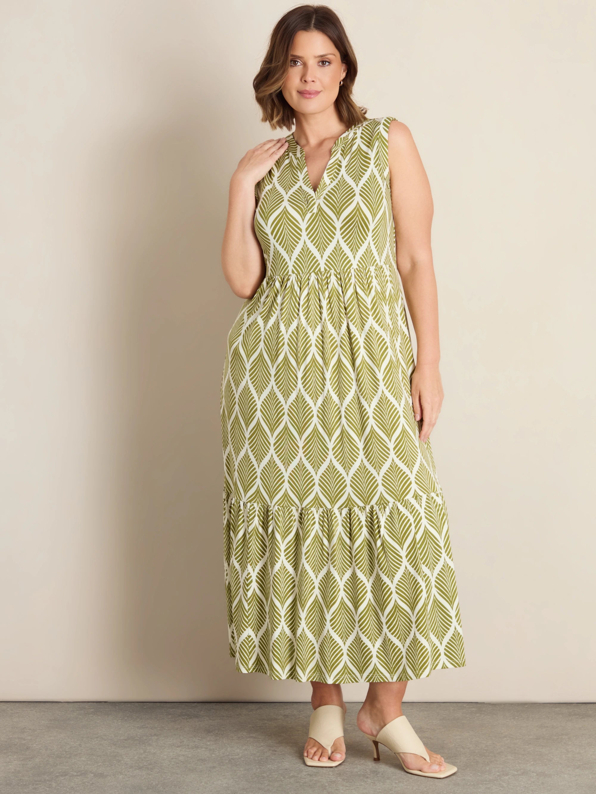 Chartreuse Print Nehru Collar Tiered Jersey Dress