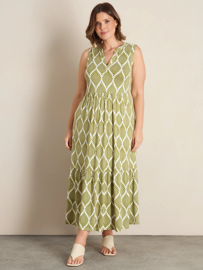 Chartreuse Print Nehru Collar Tiered Jersey Dress