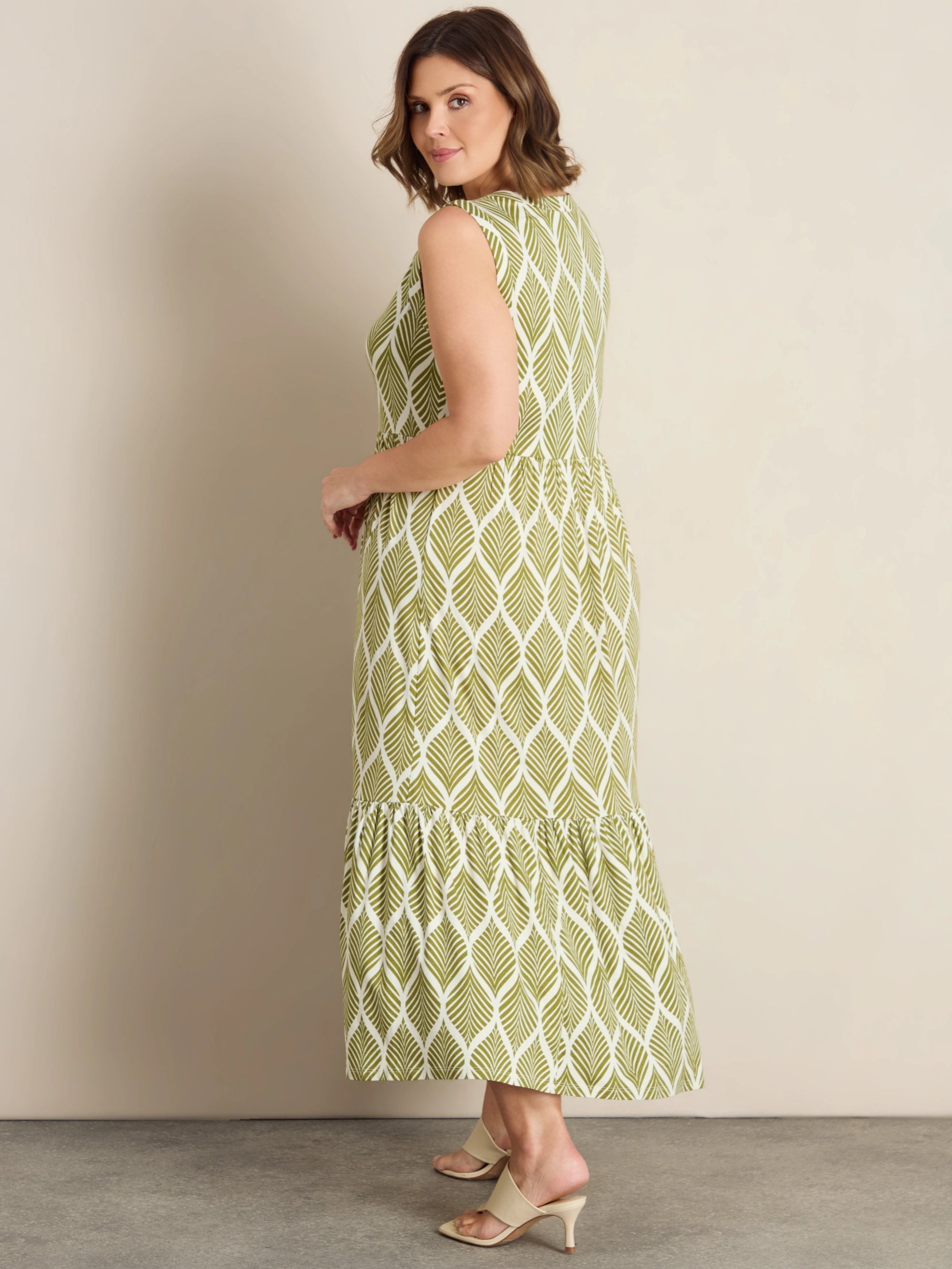 Chartreuse Print Nehru Collar Tiered Jersey Dress