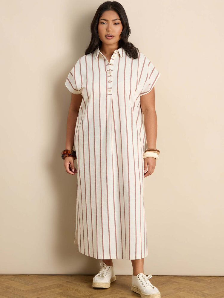 Oatmeal Stripe Linen Blend Chuck On Shirt Dress