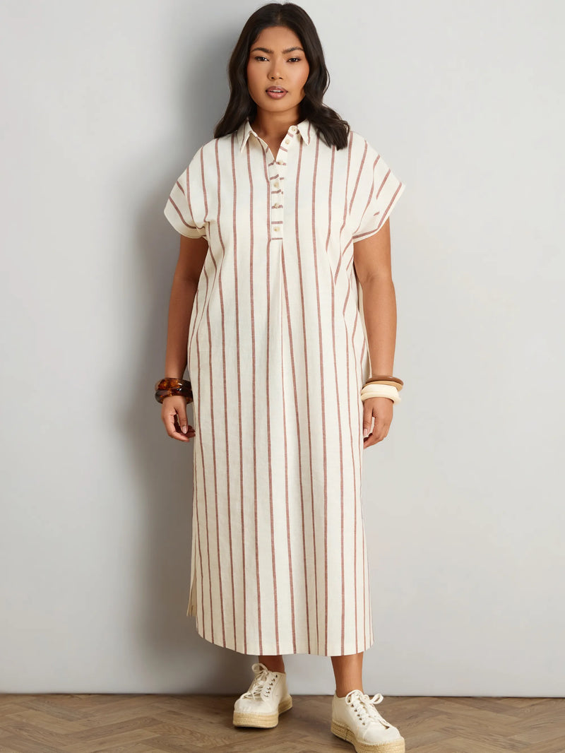 Oatmeal Stripe Linen Blend Button Front Midaxi Shirt Dress