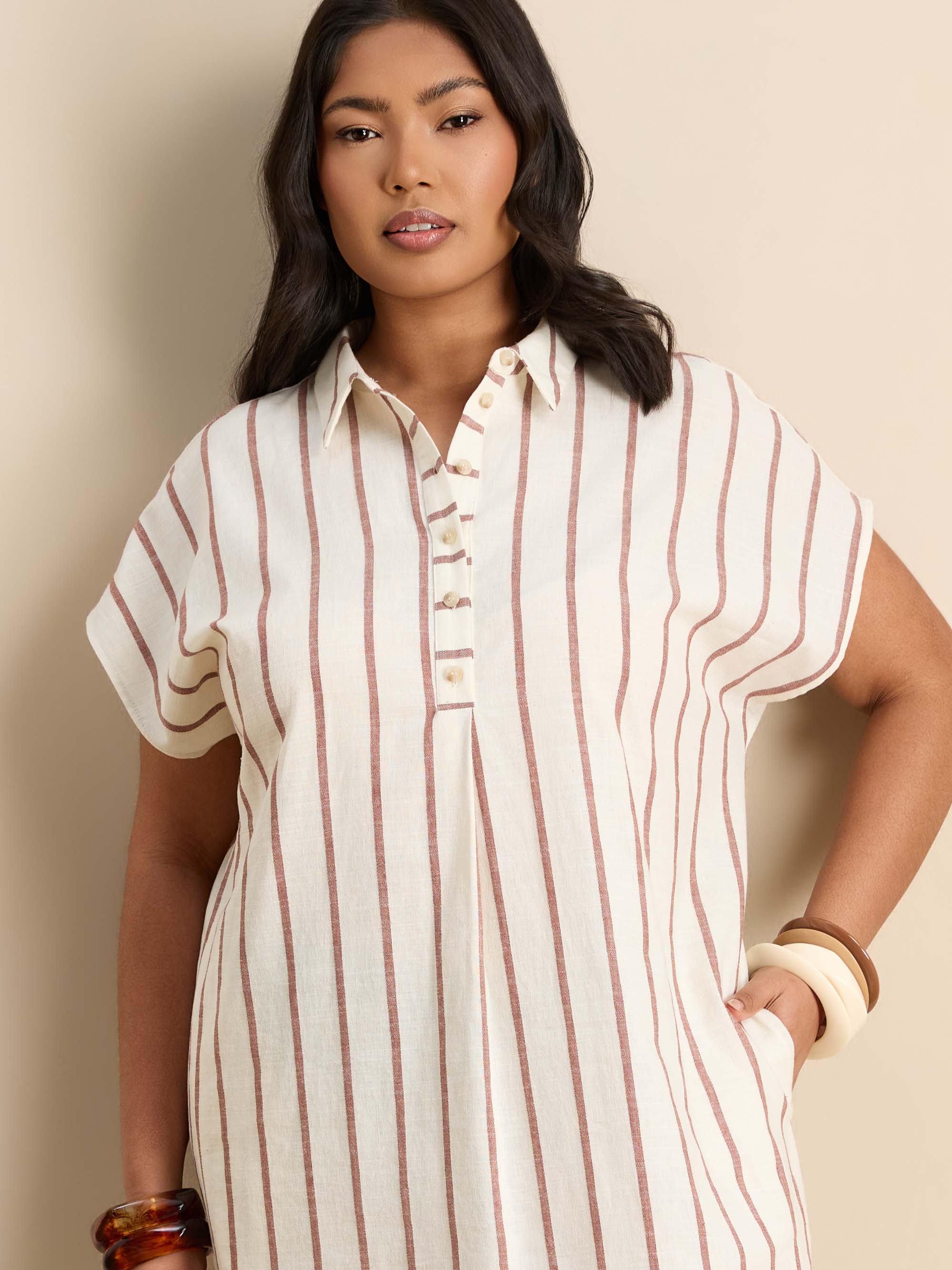 Oatmeal Stripe Linen Blend Chuck On Shirt Dress