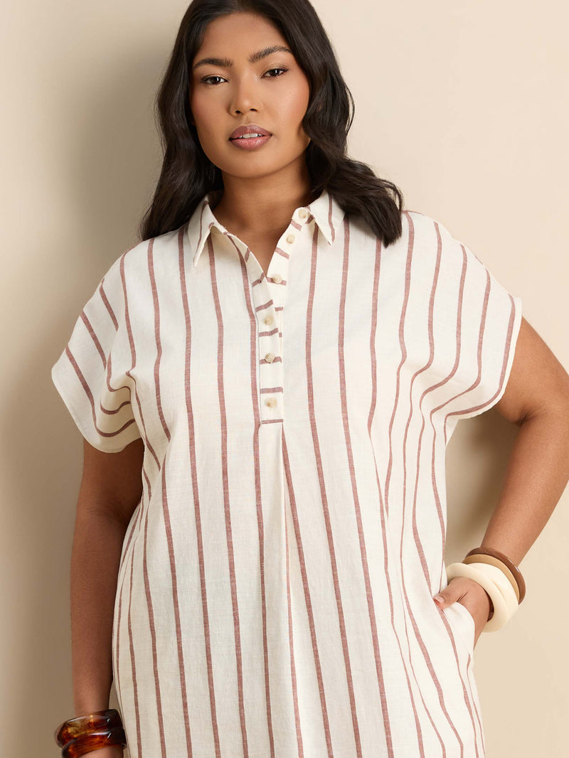 Oatmeal Stripe Linen Blend Chuck On Shirt Dress